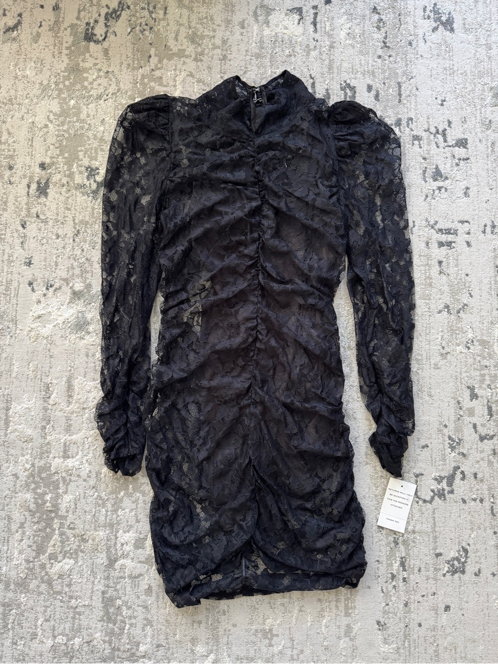 NWT 2020 For Love & Lemon Women's Black Lace Ruched Puff Sleeve Dress XL